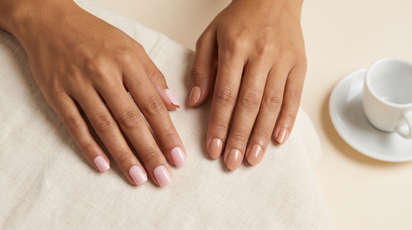 Duas mãos com press-on curtas, quadrado em rosa suave e oval em nude, ao lado de uma chávena de café