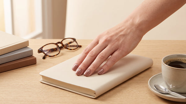 Mão com press-on nails nude mauve curtas sobre um caderno, óculos e café na secretária