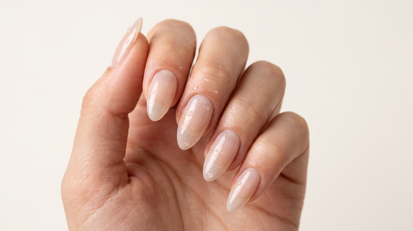 Grande plano de unhas amendoado nude leitoso com efeito translúcido e brilhante estilo soap nails, com gotas de água