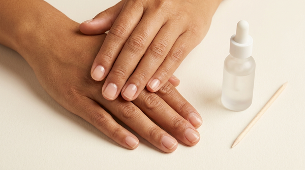 Mãos com unhas naturais saudáveis, óleo de cutículas e pau de laranjeira