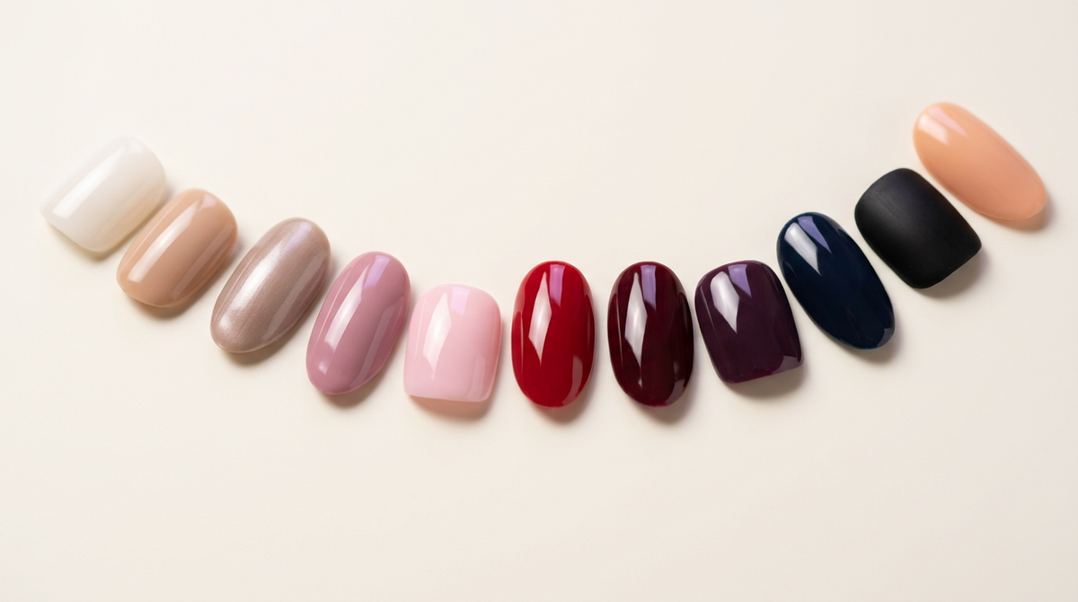 Onze unhas press-on de gel suave em tons diferentes, do branco leitoso ao preto, dispostas em arco sobre fundo creme