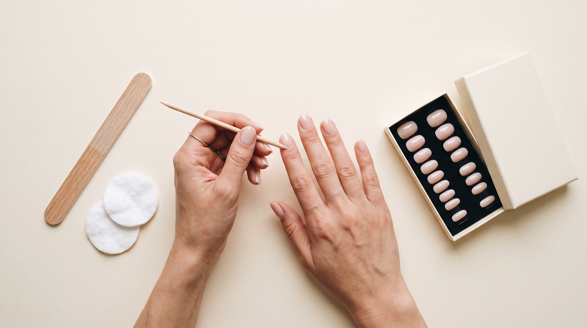 Manicure em casa passo a passo: mãos a empurrar a cutícula com pau de laranjeira, lima, discos de algodão e caixa de press-on nude