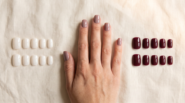 Transição de verão para outono: mão com press-on quadradas curtas em mauve taupe entre um set branco leitoso e um set vinho