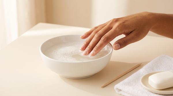 Mão com as pontas dos dedos numa taça de água morna com sabão, ao lado de um pau de laranjeira e de uma toalha