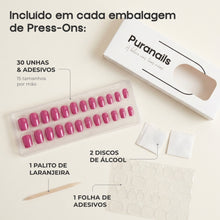 Incluído em cada embalagem de press-ons: 30 unhas em 15 tamanhos por mão, 1 folha de adesivos, 2 discos de álcool e 1 palito de laranjeira