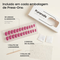 Incluído em cada embalagem de press-ons: 30 unhas em 15 tamanhos por mão, 1 folha de adesivos, 2 discos de álcool e 1 palito de laranjeira