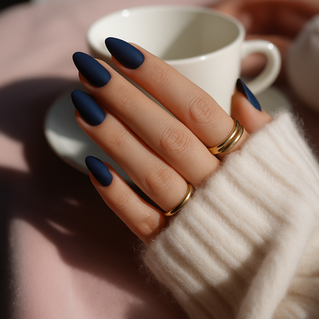 Azul Meia-Noite Oval Press Ons De Gel Suave